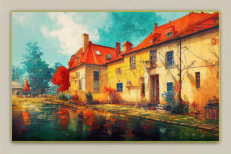 油画背景摄影照片_彩色绘画现代艺术艺术品，油画欧洲著名街道
