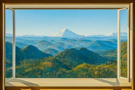 窗外背景摄影照片_3D 渲染窗外山景的数字艺术绘画，有选择的聚焦和模糊。