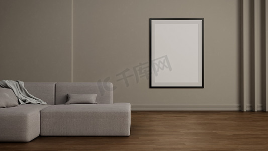 灰色背景简约摄影照片_简约和抽象的室内设计室，灰色沙发，光滑的纹理背景墙，肖像墙框架，棕色木镶木地板。