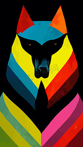 黑色的狼摄影照片_五颜六色的狼头与酷炫的孤立波普艺术风格背景。 