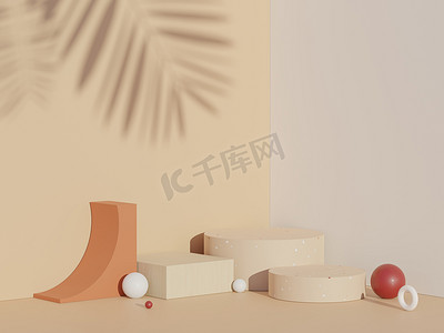 3D 抽象白色平台展示产品和化妆品展示与水磨石理念。
