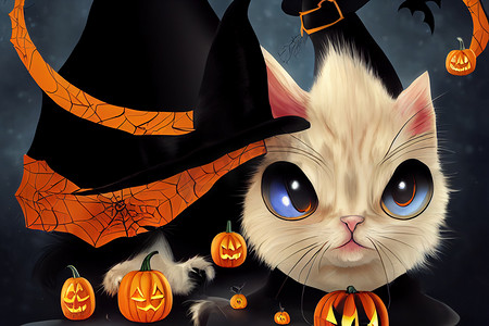 有趣的万圣节女巫主题小猫，卡通风格，动漫风格