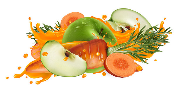 青苹果和胡萝卜在蔬菜汁中飞溅。