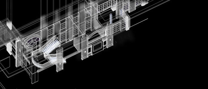 建筑矢量矢量摄影照片_建筑空间设计概念3D透视白色线框渲染黑色背景