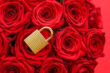 情人节卡片的爱锁、金挂锁和红色背景的豪华玫瑰花束