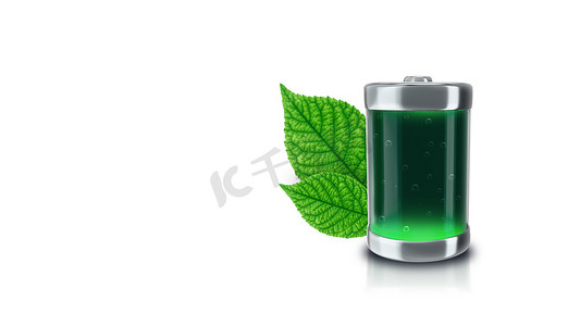 3d 渲染生态电池充满绿色液体，白色背景上有绿叶