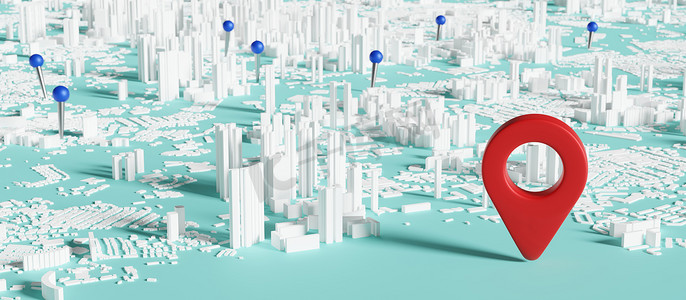 城市规划 3D 渲染上的位置标志和图钉