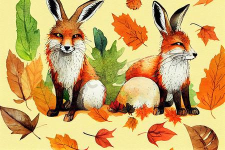 狐狸和兔子、野兔、兔子、滑稽的水彩插图