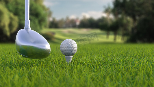高尔夫上杆摄影照片_3d 渲染在球场侧视图上用球杆击打高尔夫球