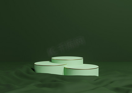 绿色产品展示摄影照片_深色、暖绿色 3D 渲染最小产品展示三个豪华圆筒讲台或展台，在波浪形纺织产品摄影背景抽象构图与金色线条化妆品