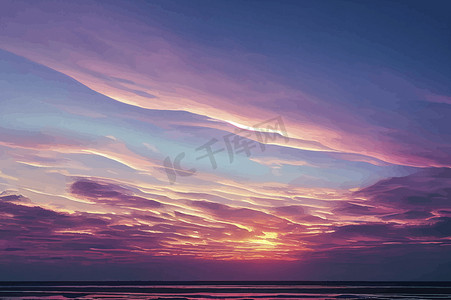 太阳落山时美丽的粉红色和紫色天空和夜晚云彩的插图。