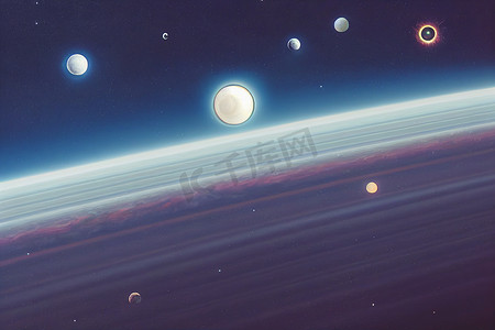 漆黑的夜晚空间景观，地平线上半亮的木星和围绕其旋转的小行星