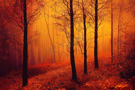黄昏大气魔法森林野生秋季唯美自然风景