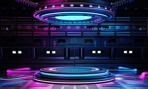 圆的摄影照片_赛博朋克科幻产品讲台展示在蓝色和粉色背景的宇宙飞船基地。