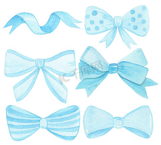 水彩手绘蓝色蝴蝶结和丝带设置在白色背景上