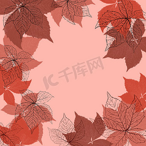 手绘方形框架背景与秋季藤蔓叶子。