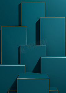 金色几何摄影照片_深青色、水蓝色 3D 渲染简单、最小、几何背景产品展示基座金色线条用于奢侈品产品广告壁纸模板