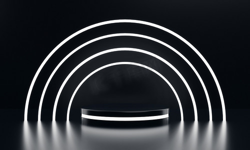 现代圆形产品展示科幻讲台，带有白色发光的霓虹灯环框背景。