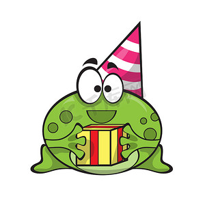 戴着派对帽的滑稽可爱的小青蛙，可爱的微笑快乐动物