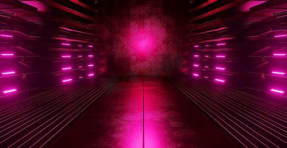 霓虹灯图形发光紫色紫罗兰色充满活力的虚拟科幻未来隧道工作室舞台施工车库讲台宇宙飞船夜晚黑暗混凝土垃圾 3D 渲染