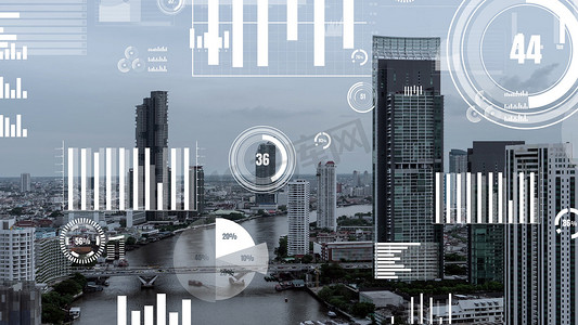 业务数据分析界面飞越智慧城市，展示未来变化