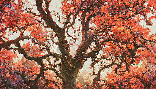 3D 渲染非常巨大的橡树，叶子颜色为深红色。