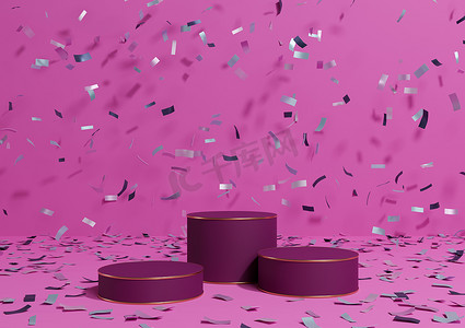 明亮的洋红色、霓虹粉红色 3D 渲染产品展示三个讲台，配有色彩缤纷的五彩纸屑庆祝周年广告和奢华产品的金色线条，简单、最小的背景