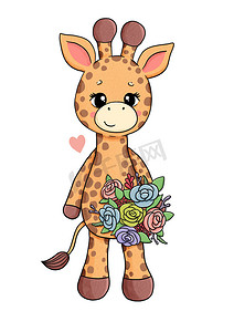 可爱手绘花朵摄影照片_可爱的小长颈鹿与五颜六色的美丽花朵