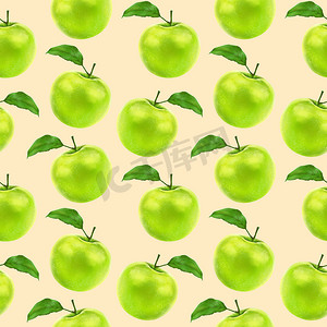 插图现实主义无缝图案水果苹果绿色米色棕色背景