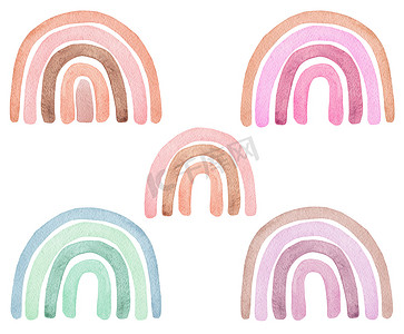 水彩手绘彩虹设置在白色背景上隔离，用于婴儿淋浴设计、托儿所装饰、织物、儿童印刷品、游戏室海报