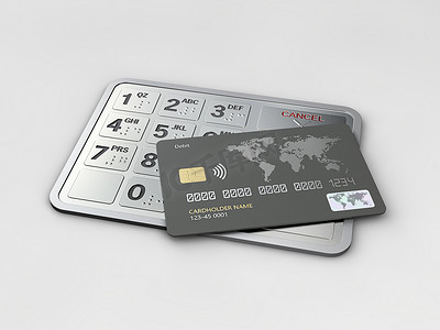 3d 信用卡在 atm 按钮上的渲染。