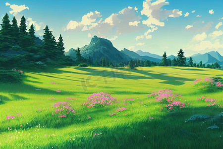 绿色春天卡通摄影照片_夏季风景中的山地草甸，动漫卡通风格
