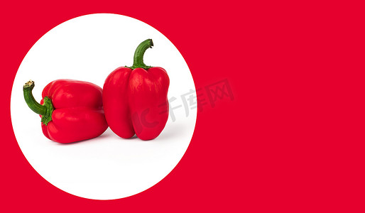 两个红熟辣椒，红色，在白色背景上，有阴影，红色背景上的文字空间