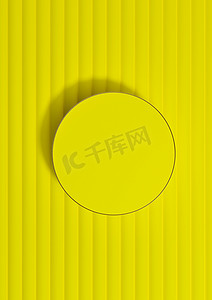 黄色圆筒摄影照片_明亮的霓虹黄色 3D 渲染顶视图平躺产品展示圆筒讲台或展台产品摄影背景或墙纸，最小、简单、豪华的背景与金线