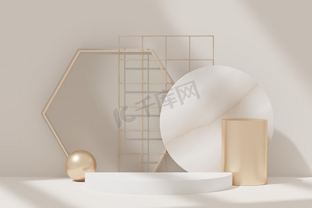品牌3d摄影照片_3D 抽象背景白色讲台，用于产品展示和品牌广告，带有窗户和屋顶的阴影。