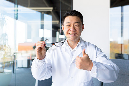 快乐的亚洲眼科医生拿着眼镜，建议改善视力