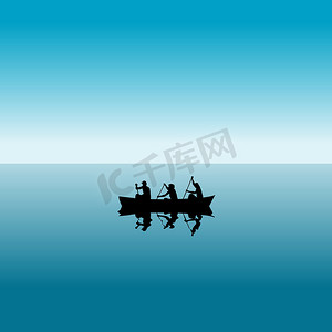 三个人在蓝色水面上的船剪影