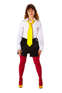丝袜背景摄影照片_红丝袜和黄色领带的年轻女孩