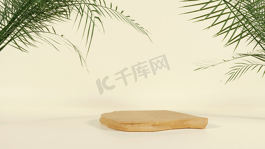 石材产品展示台，米色背景上有模糊的热带棕榈叶。 