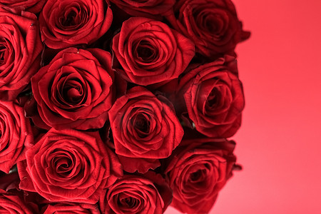 七夕礼物摄影照片_华丽的红玫瑰花束，盛开的花朵作为花卉节日背景