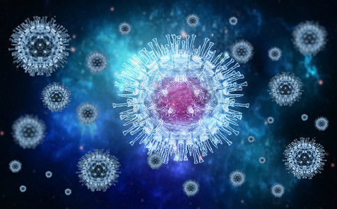 猴痘病毒，3d病毒背景，蓝色背景的猴痘病毒分子，病毒分子的医学背景