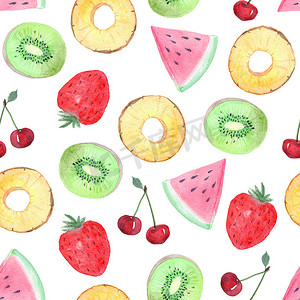手绘水果樱桃摄影照片_水彩热带水果和浆果白色背景上的无缝图案。
