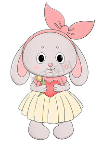 郁金香手绘摄影照片_可爱的兔子，粉红色的心和黄色郁金香