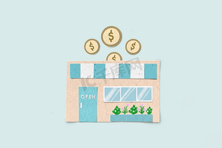商业概念的剪纸纹理风格把一枚硬币放在商店隐喻投资业务，特许经营业务增长与收入。