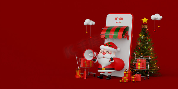 拿着手机3d摄影照片_圣诞节在线购物的移动概念，圣诞老人在移动商店前拿着带礼品盒的扩音器，3D 插图