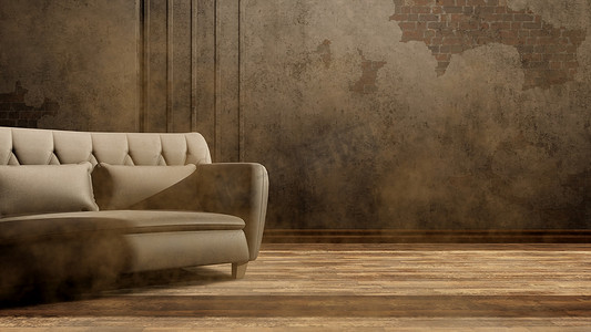 复古简约时尚摄影照片_简单、古老、复古简约的客厅室内设计概念、脏兮兮的墙壁、布满灰尘的沙发、木地板 3D 渲染