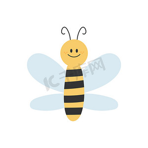 白色背景中卡通黄色和黑色蜜蜂的可爱简单设计