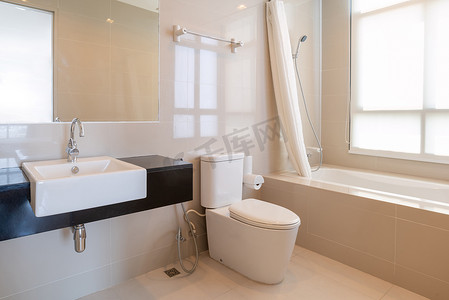 带淋浴和卫生间的现代设计家庭浴室的内部