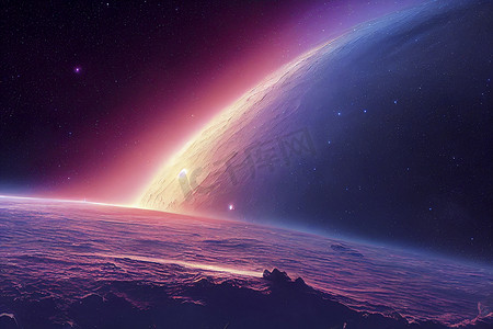 3D 渲染空间艺术：外星星球 - 紫色天空的奇幻景观。