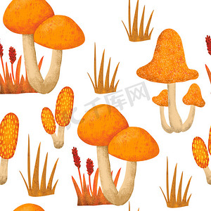 手绘无缝图案与秋季秋季蘑菇真菌，野生自然背景。